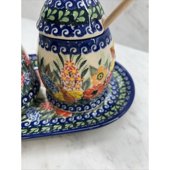 Unikat Polish Pottery Floral Creamer Pitcher And Honey Jar On Serving Tray - Picture 9 of 11